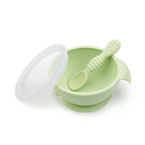 Bumkins Baby Bowls, Silicone Baby Feeding Set, Suction Bowls for Baby and Toddler with Spoon and Lid, First Feeding Set, Platinum Silicone Bowl for