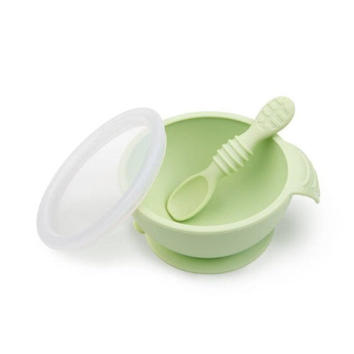 Pink Silicone Suction First Feeding Set with Bowl, Spoon + Lid