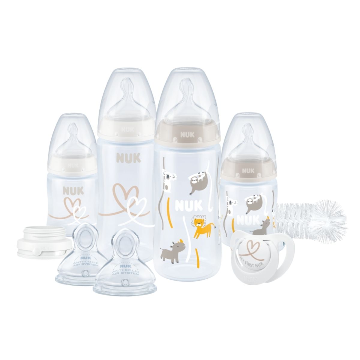 The NUK First Choice+ Perfect Start Set comes with Temperature Control. It includes baby bottles, silicone teats, Genius soother, bottle brush, and leakproof screw top.