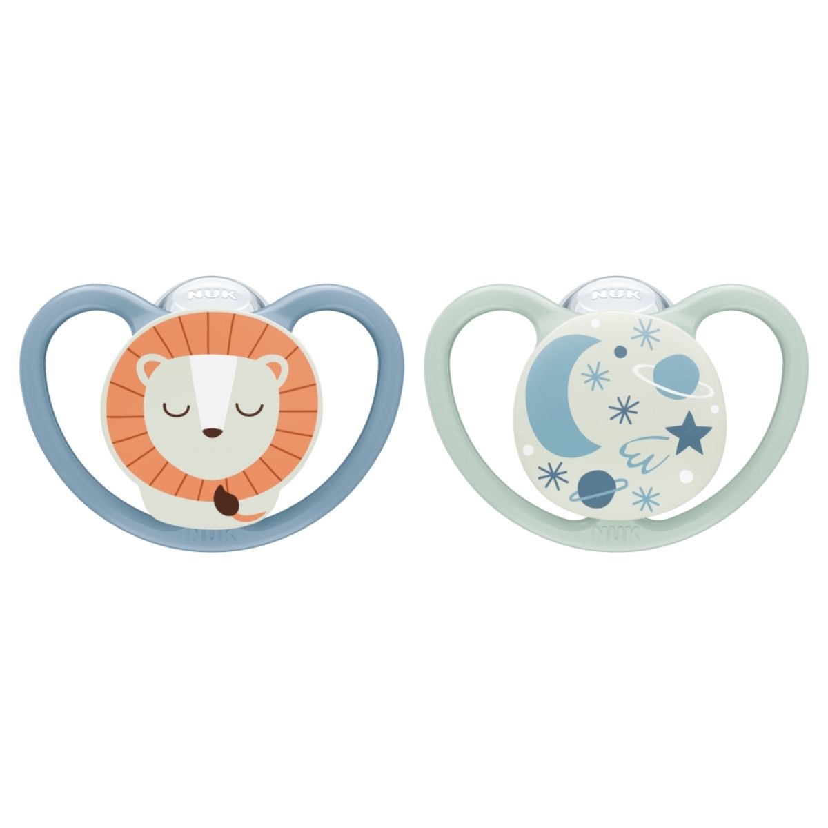The NUK Space Night Soother glows in the dark and is designed for babies sensitive skin. First soother is a orange lion with blue outline and the second is a green outline with stars.