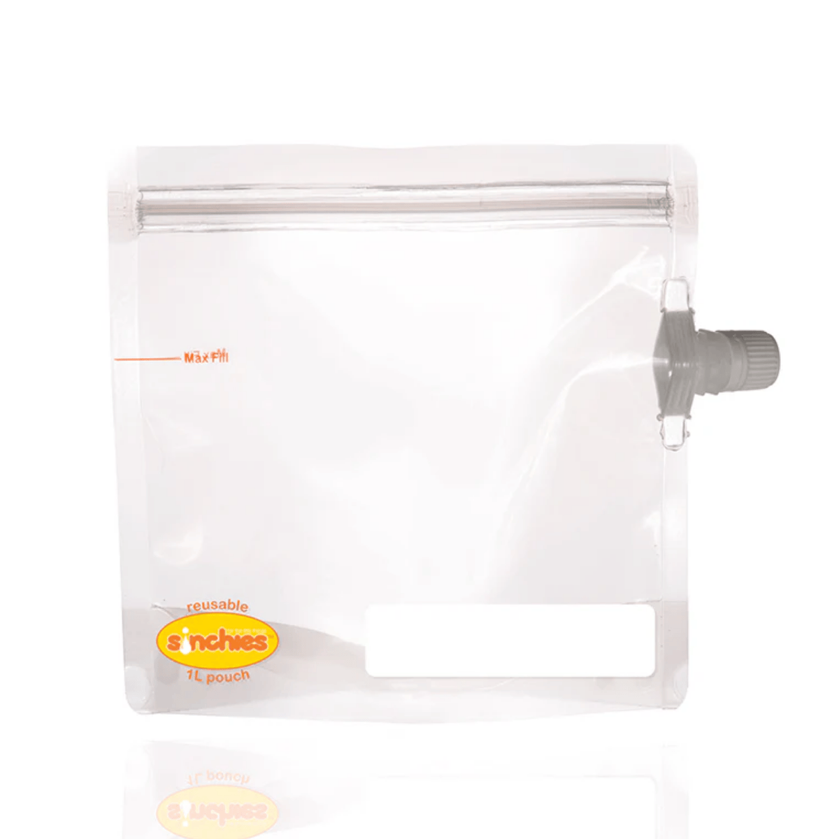 Clear plastic pouch with valve on a white background