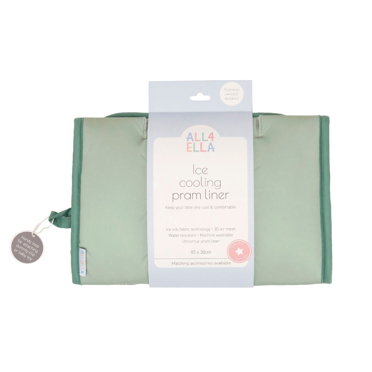 Green ice cooling pram liner with packaging on a white background