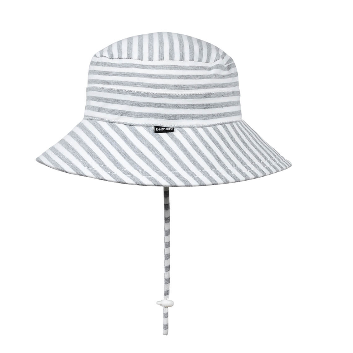 Striped grey bucket hat with a strap on a white background