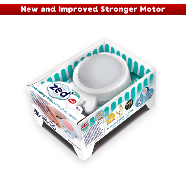 ZED mini LED light in its original retail packaging, featuring a white cylindrical light unit inside a white box with teal and white striped accents. A red banner at the top reads 'New and Improved Stronger Motor'.