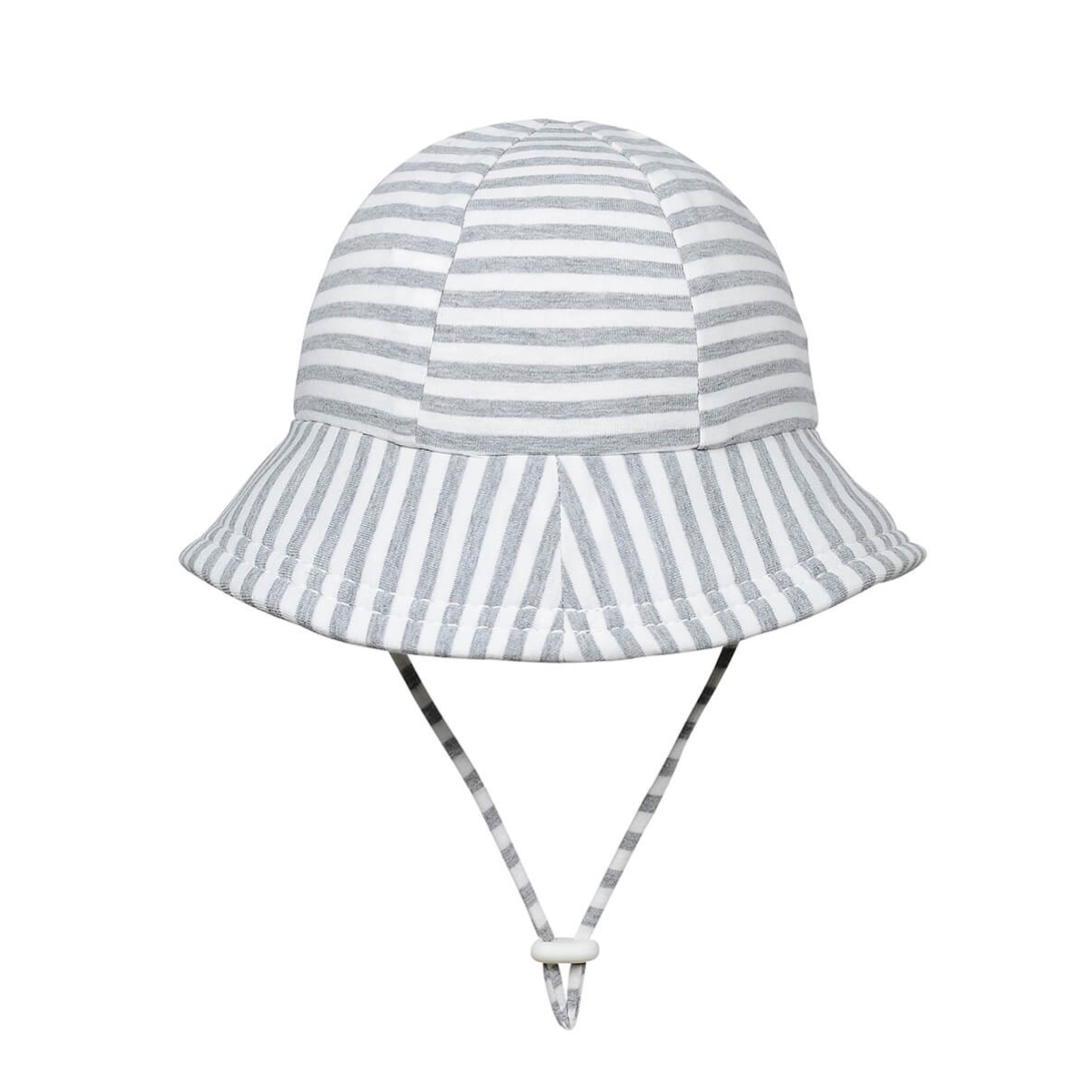 Striped bucket hat with chin strap on a white background