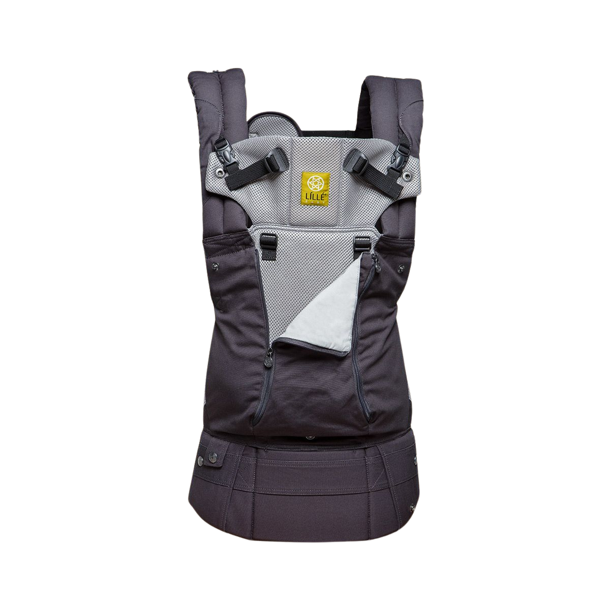 Baby carrier with gray and black design on a white background