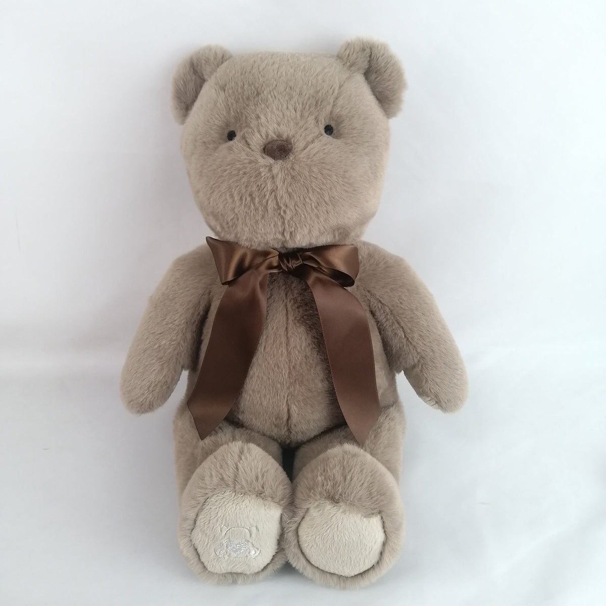 Brown teddy bear with a brown bow on a white background