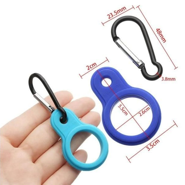 Two keychain holders, one blue and one purple, held by a hand with measurements displayed.