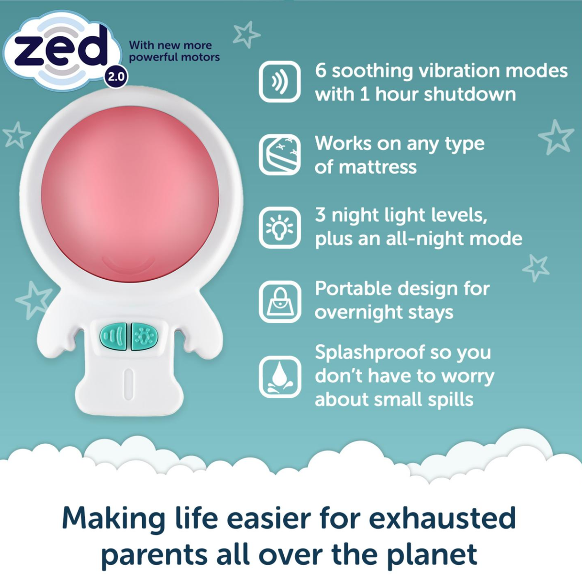 Zed 2.0 baby sleep monitor with a white astronaut-shaped body and a pink circular screen, shown on a teal promotional background with feature callouts and text.