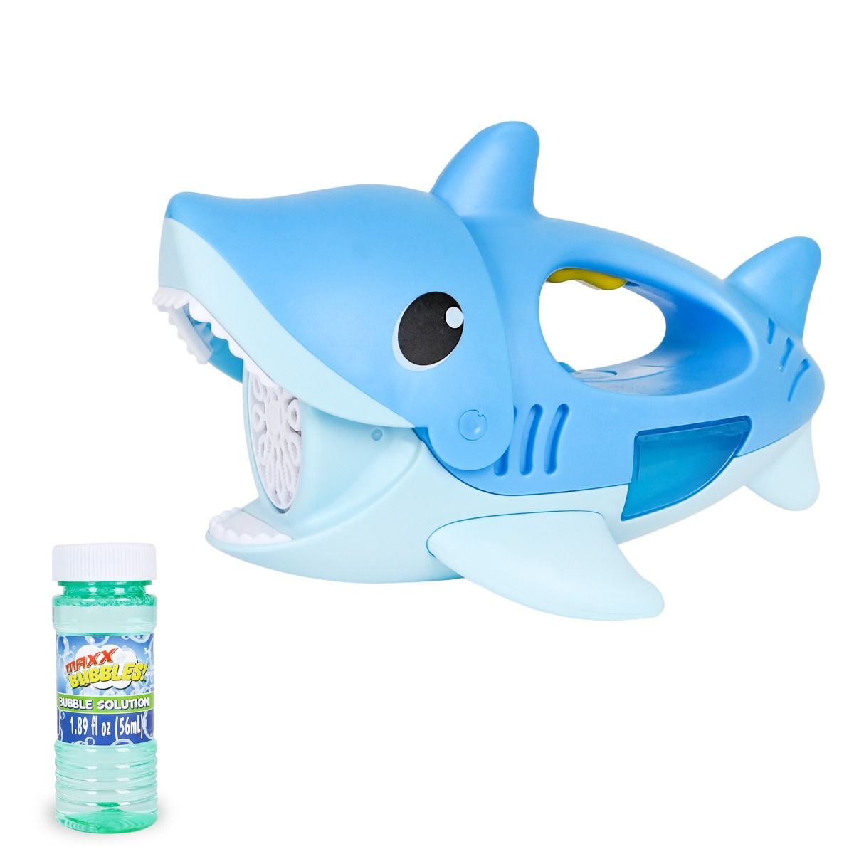 Blue shark-shaped bubble gun with a bottle of bubbles. 