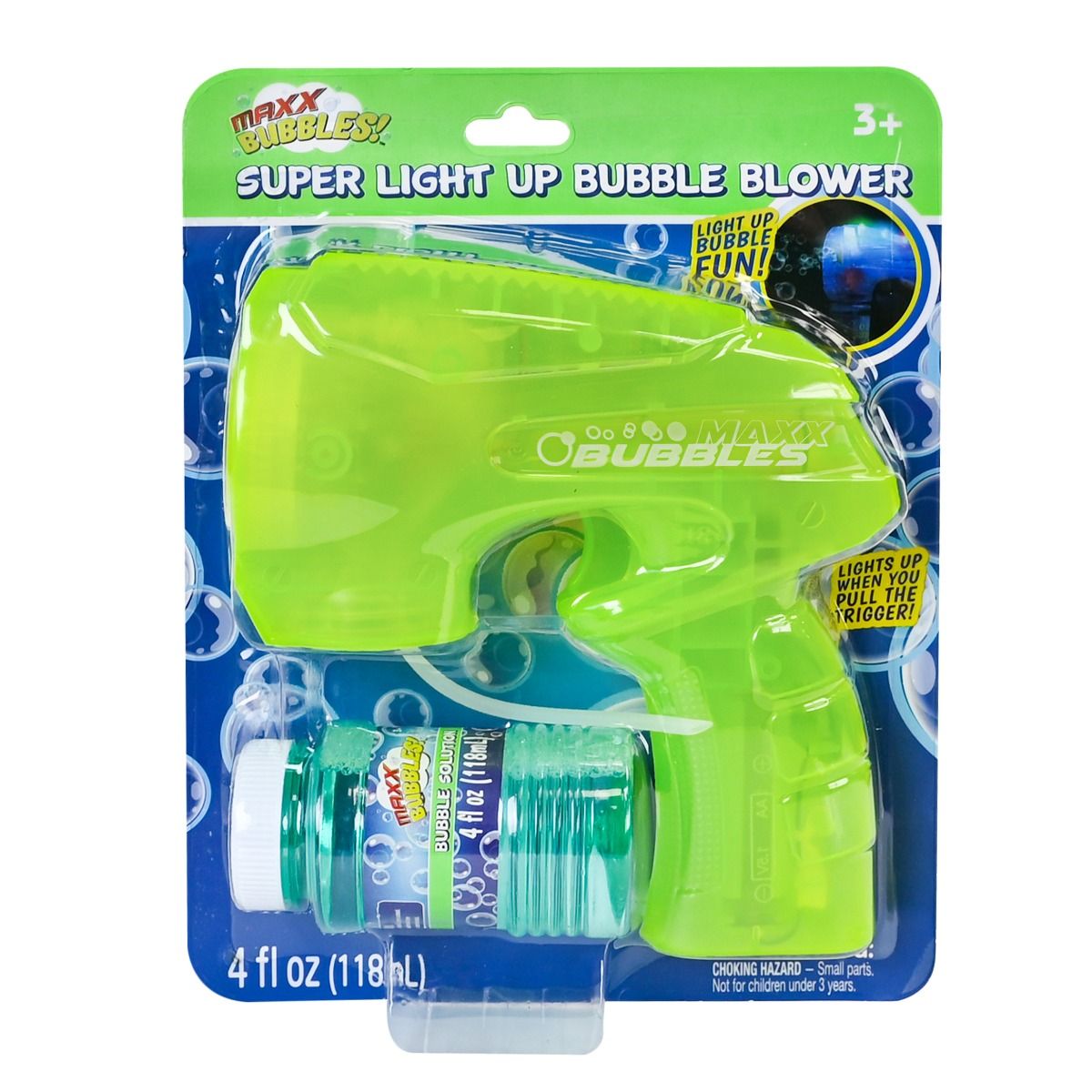 Maxx Bubbles Super Light Up Bubble Blower packaging with green bubble gun and bottle.