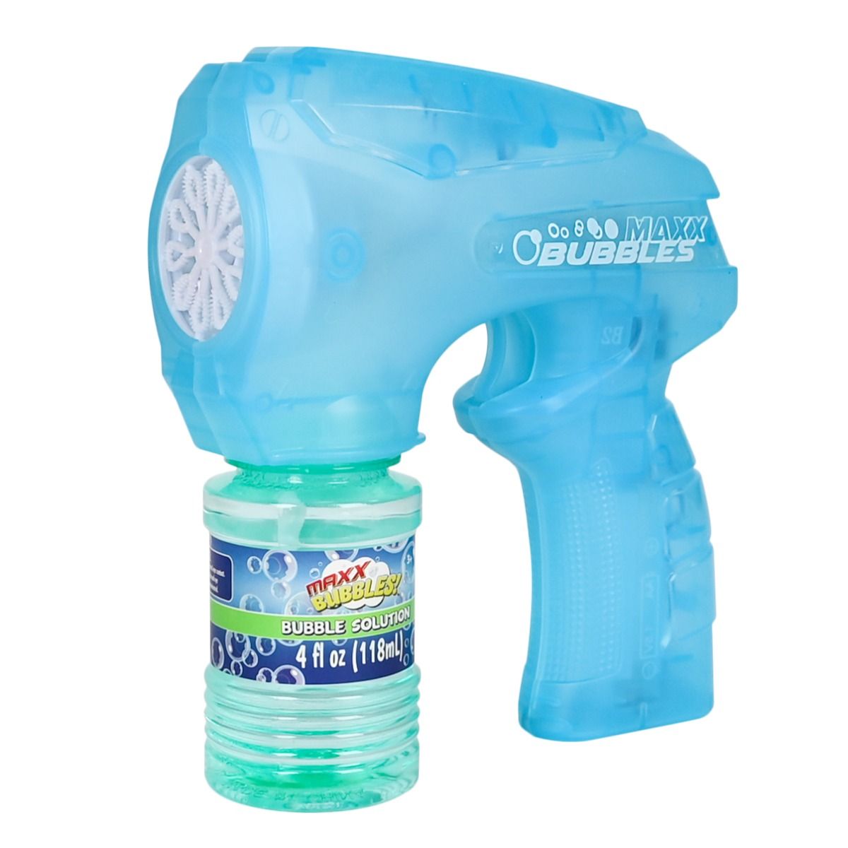 Blue Maxx bubble gun with a container of bubble solution on a white background