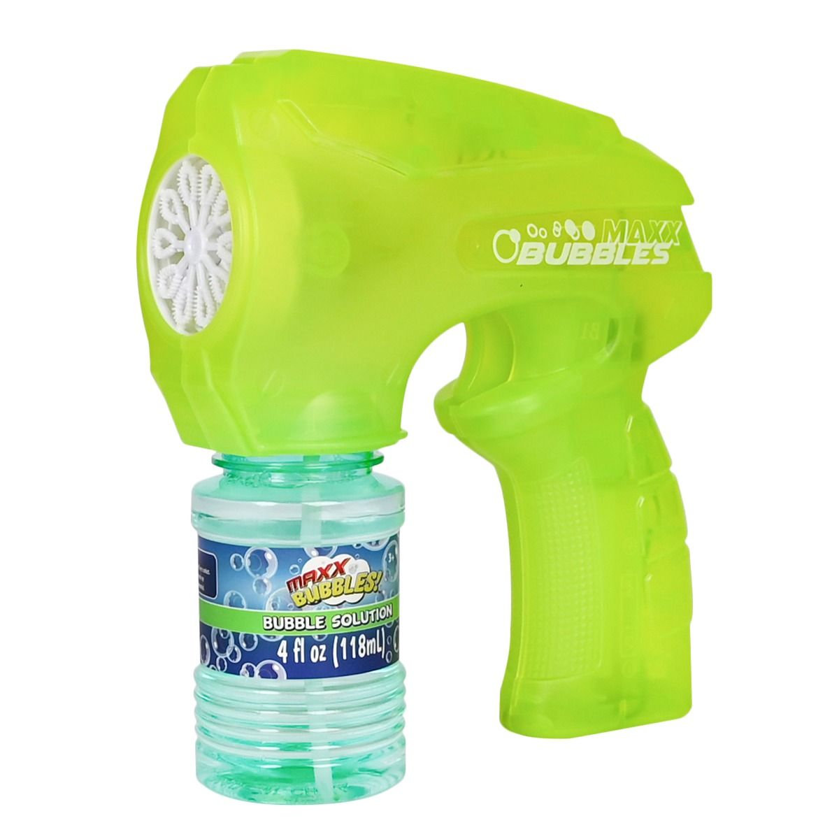 Green Maxx bubble gun with Maxx Bubbles branding on a white background