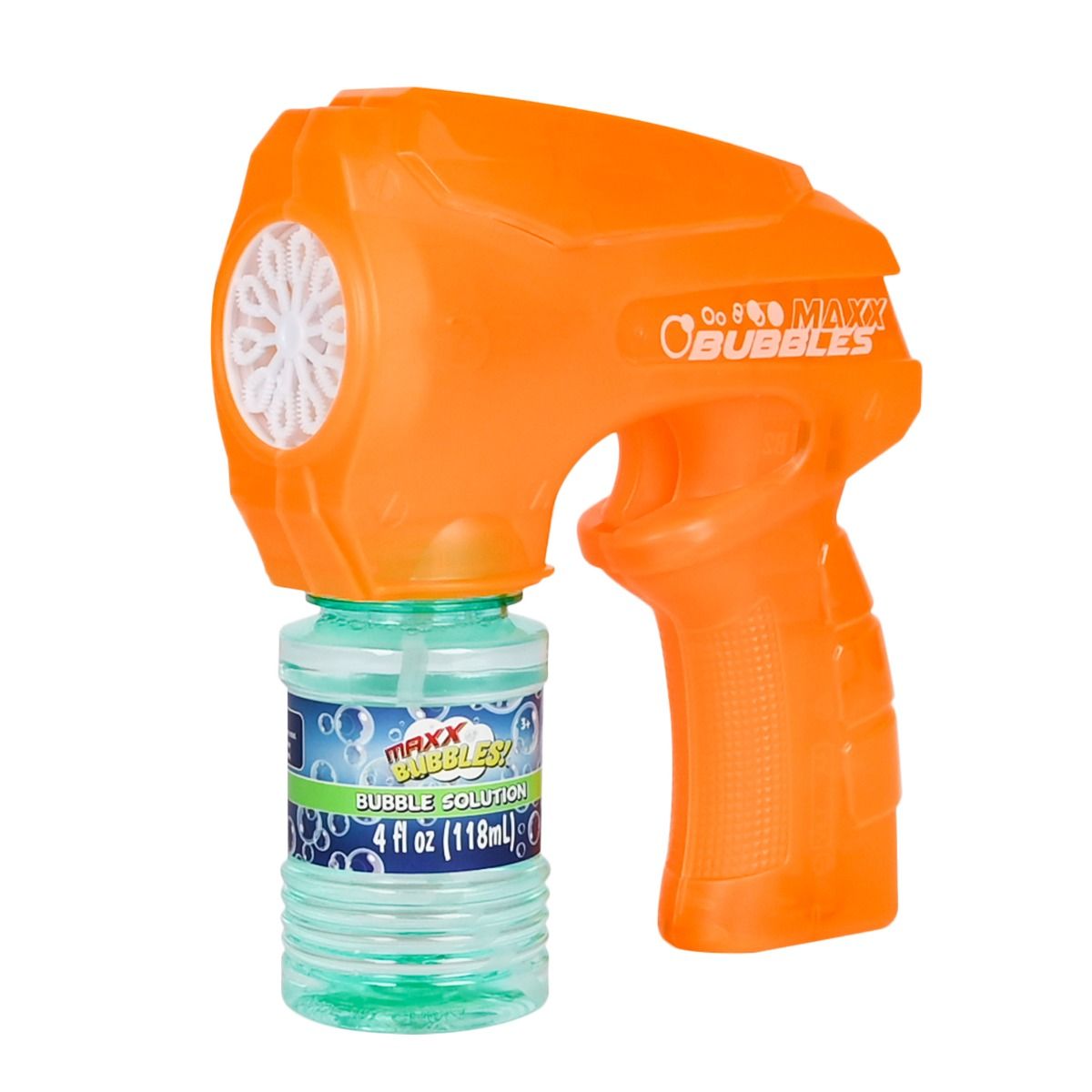 Orange Maxx bubble gun with a bottle of bubble solution on a white background