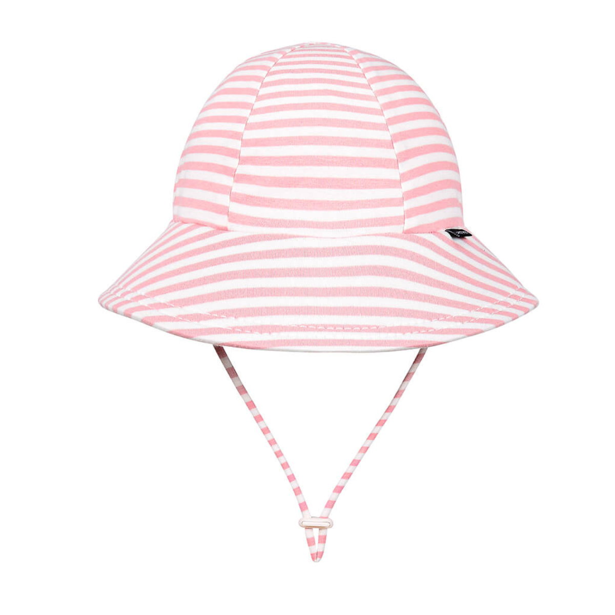 Pink and white striped bucket hat with chin strap on a white background