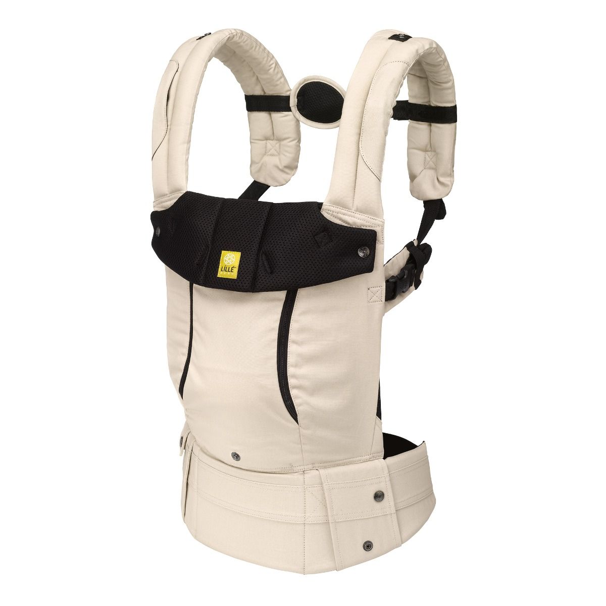 Beige baby carrier with black accents on a white background