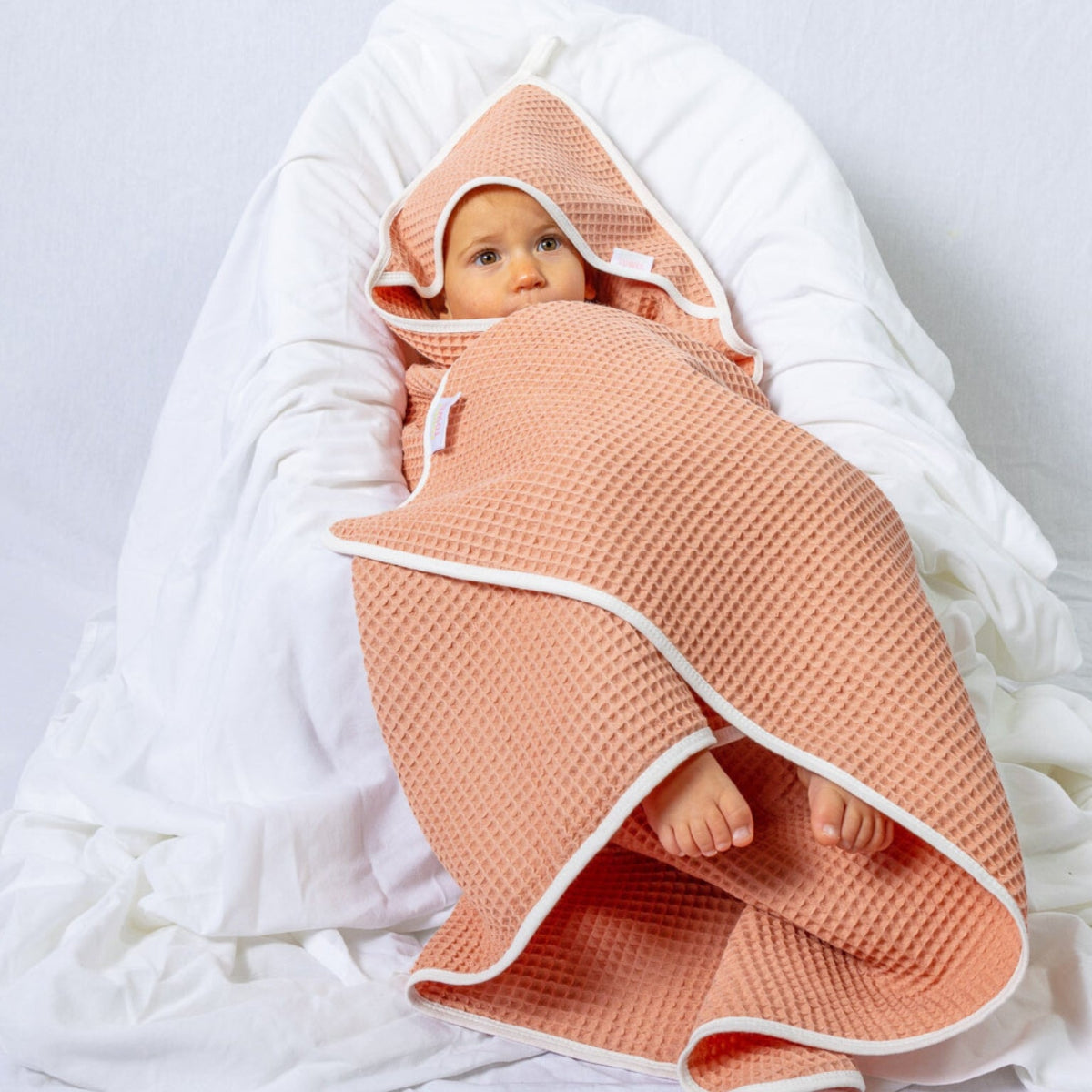 Baby wrapped in a pink blanket with a hood on a white background