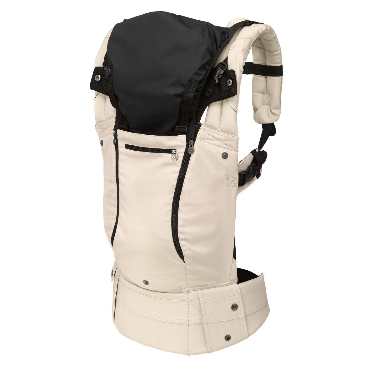 Beige and black baby carrier on a white background with hood up