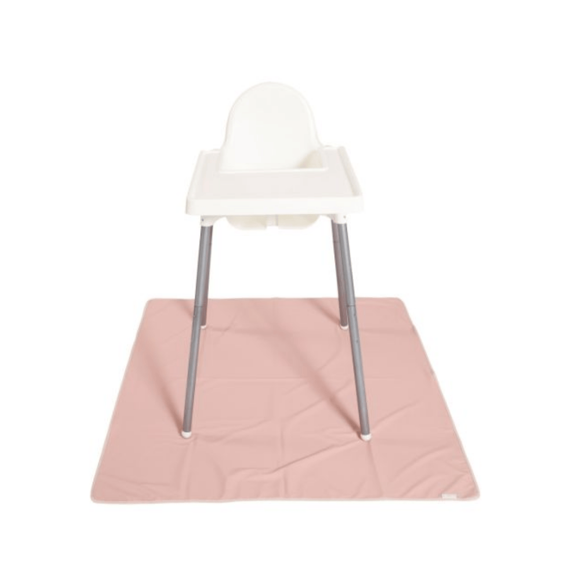 White high chair with a pink splat mat on a white background