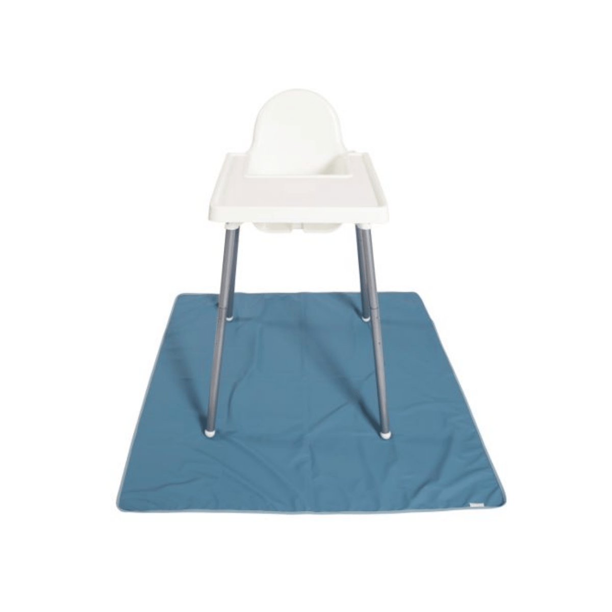 White high chair on a blue splat mat with a white background