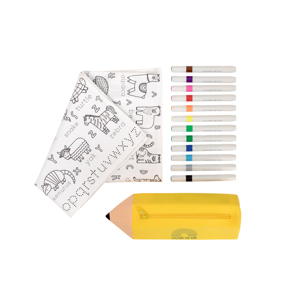 Coloring mat with markers, colored pencils, and a yellow pencil case on a white background