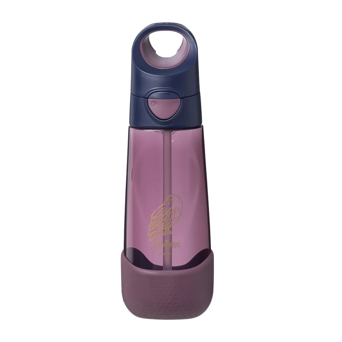 Purple water bottle with a Harry Potter logo on a white background