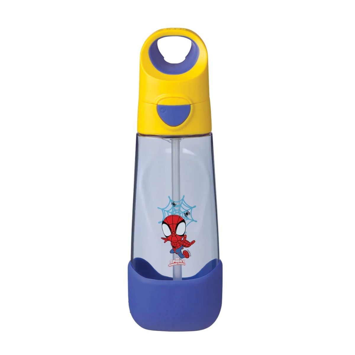 Blue drink bottle with Yellow lid and spiderman on front 