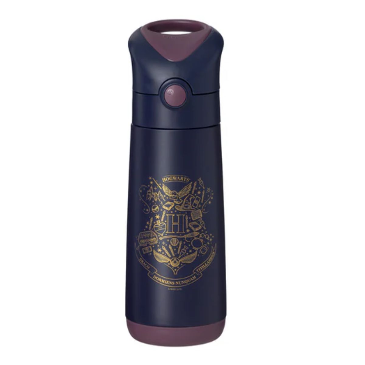 Navy blue thermos with gold Hogwarts crest on a white background
