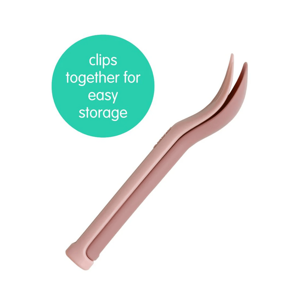 Cutlery Set with text 'clips together for easy storage' on a white background