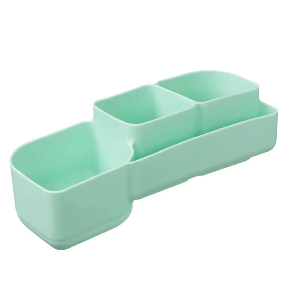 Mint green plastic organizer with two compartments on a white background