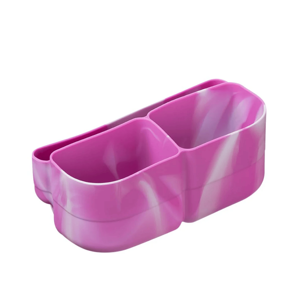 Pink silicone organizer with two compartments on a white background
