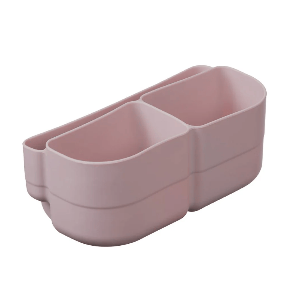 Pink silicone organizer with three compartments on a white background