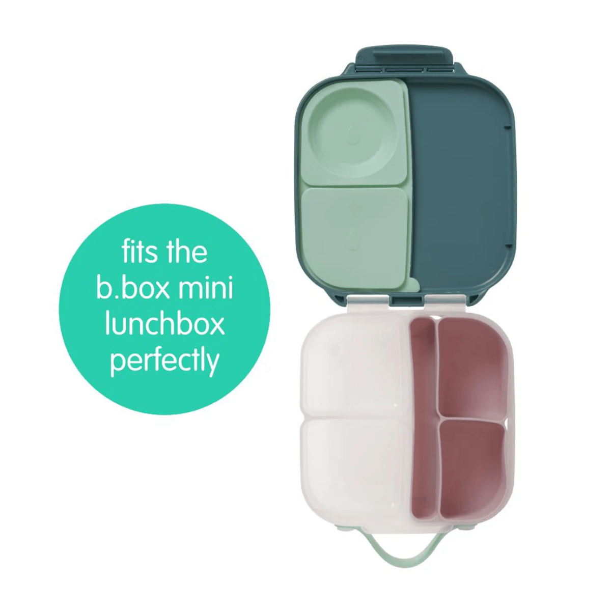 Three compartment lunchbox with text indicating it fits the b.box mini lunchbox.