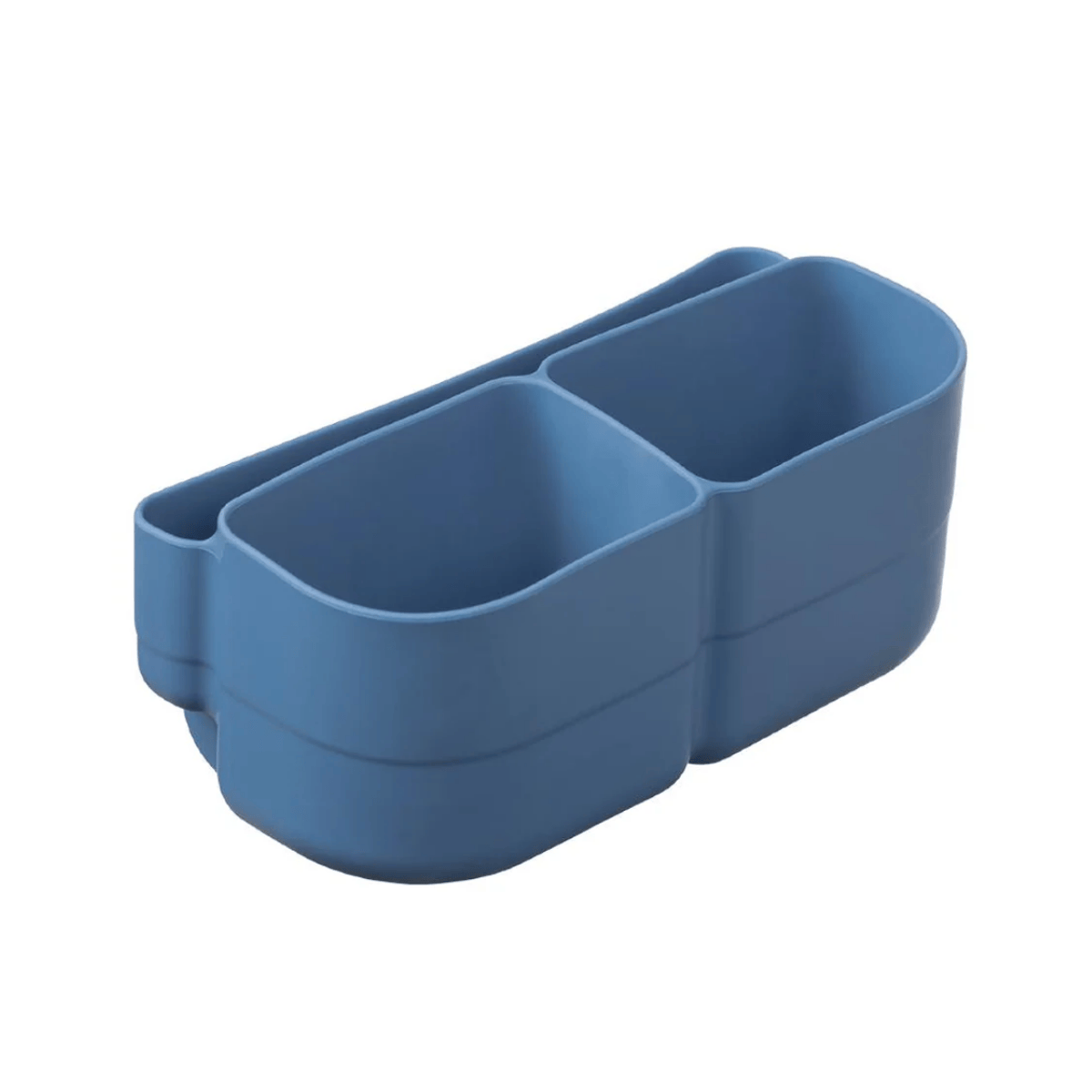 Blue rectangular container with three compartments on a white background