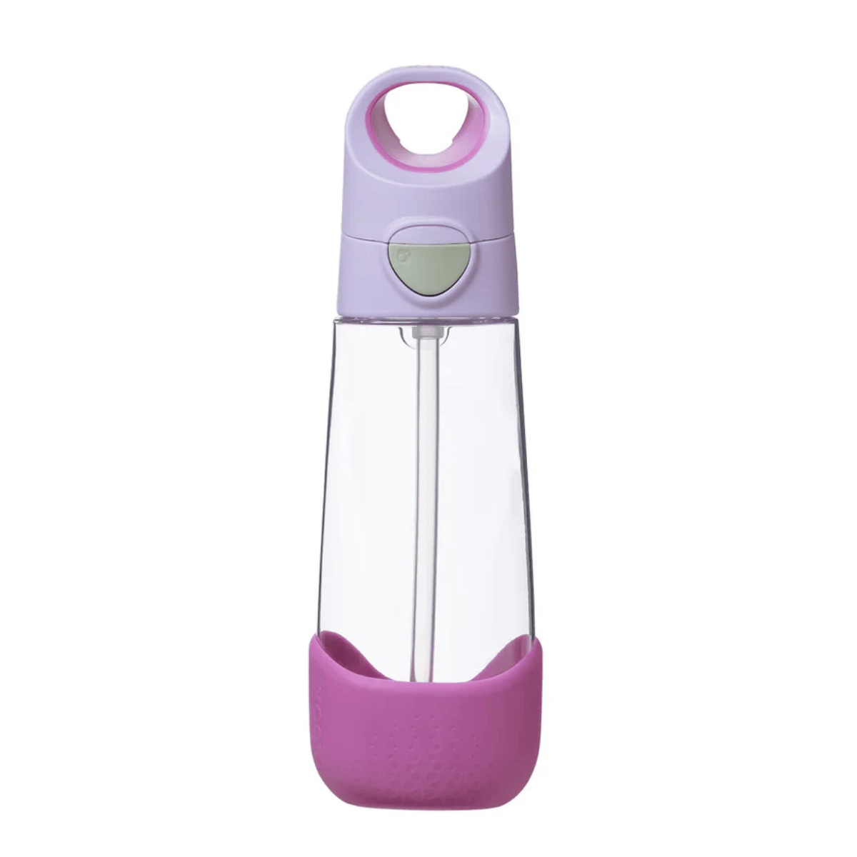 Clear water bottle with purple base and cap on a white background