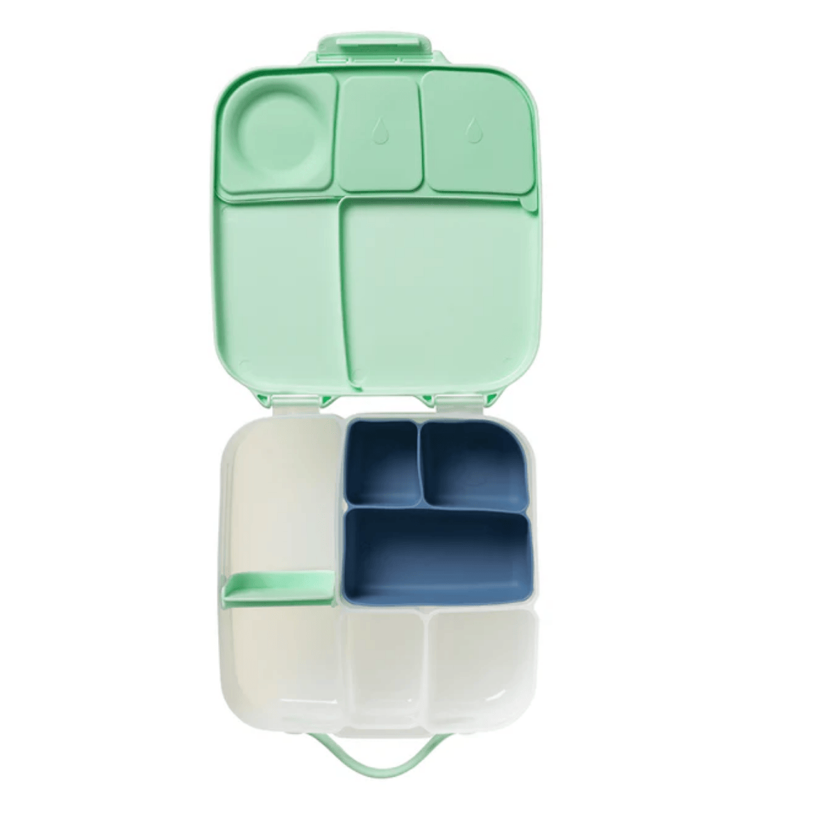 Green and white compartmentalized container on a white background