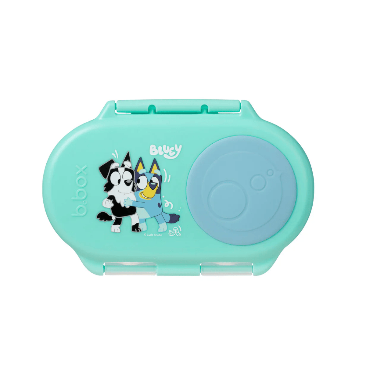 Turquoise snack container with cartoon characters on a white background