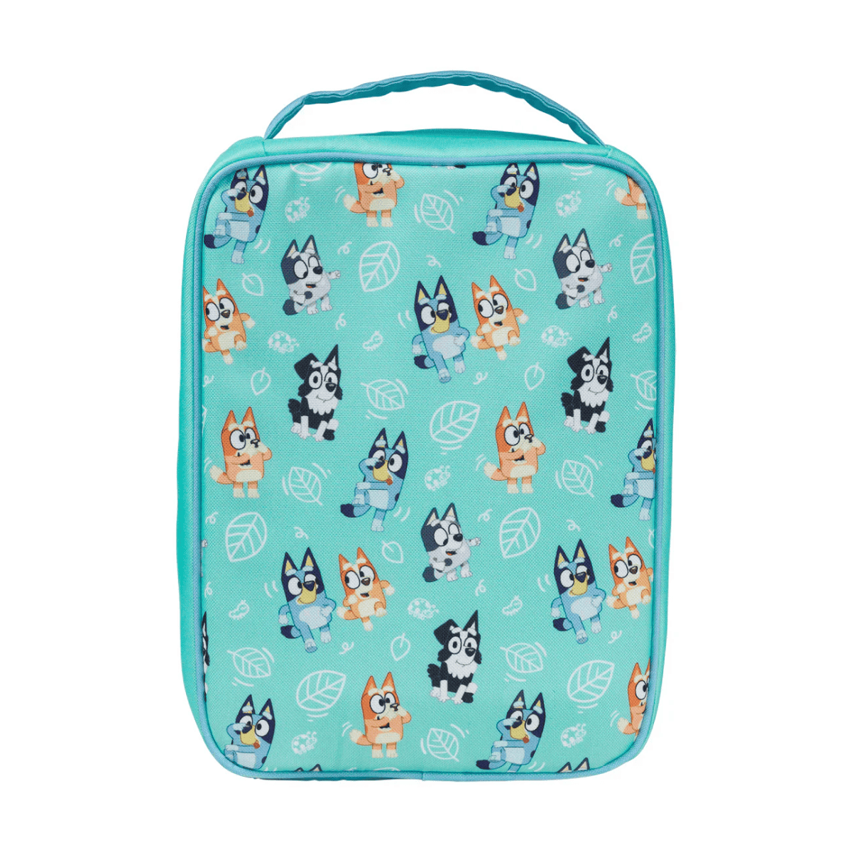 Rectangular blue pouch with cartoon dog pattern on a white background