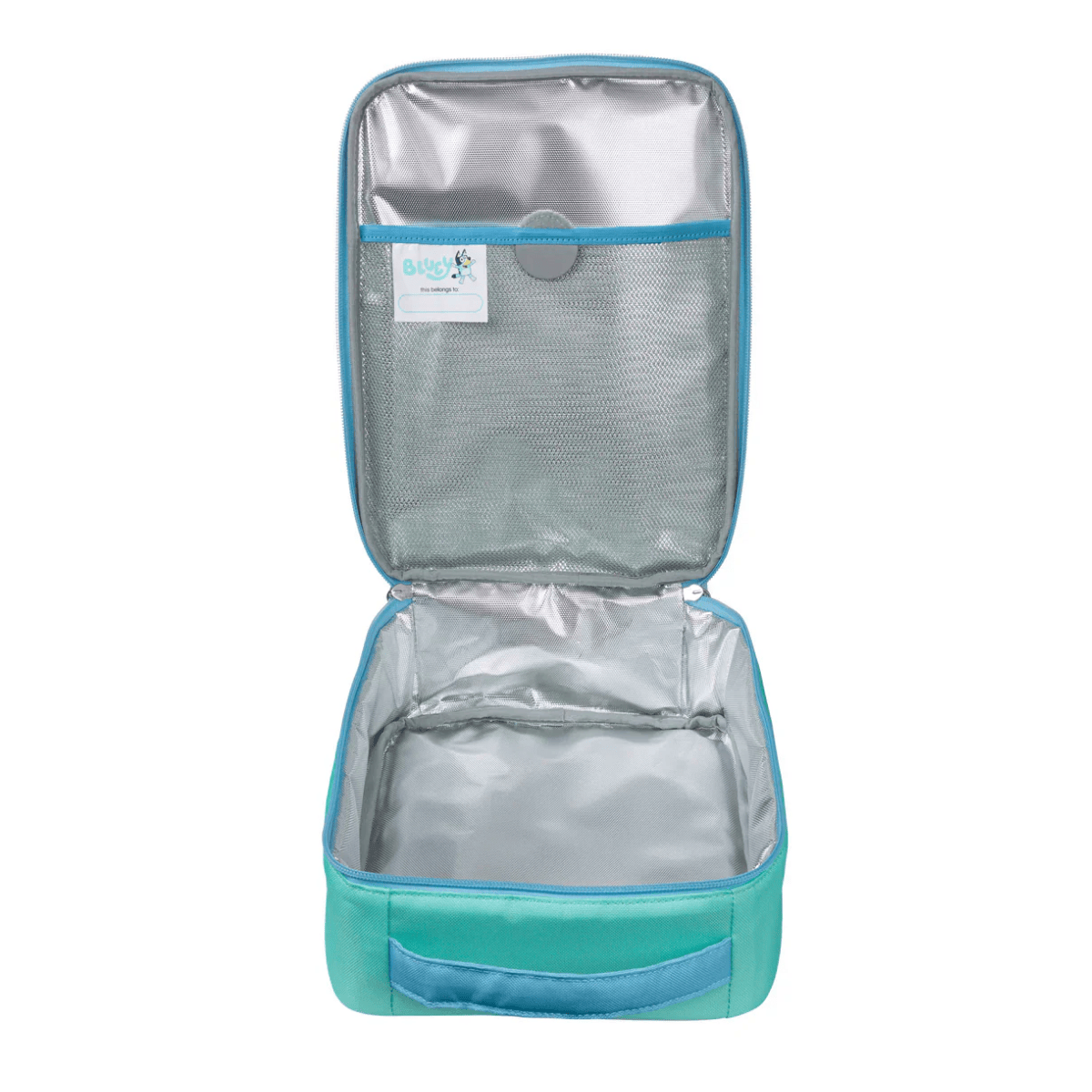 Open teal and gray cooler bag on a white background