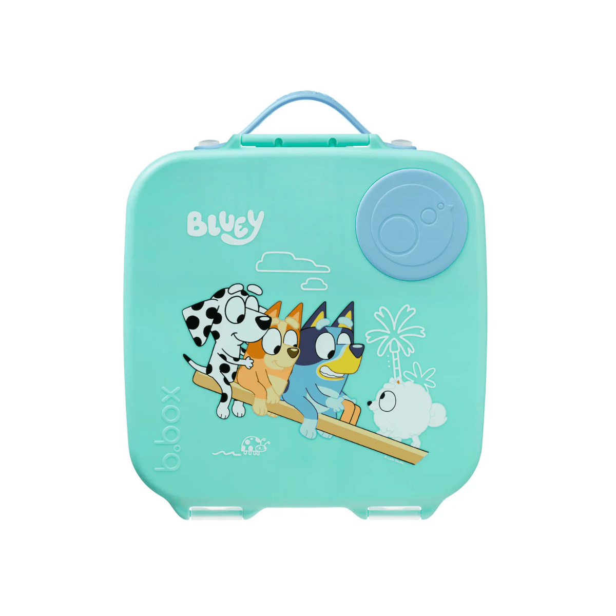 Children's lunch box with cartoon characters on a white background