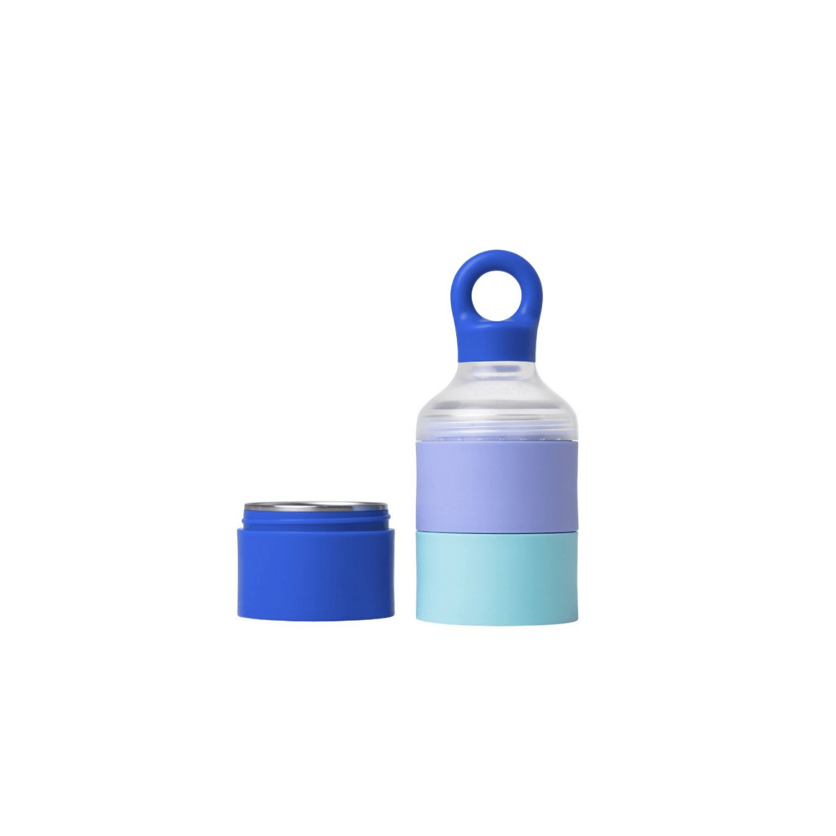 A small insulated bottle with a clear body, a lavender middle band, and a light blue bottom band, shown with its blue cap removed and placed beside it on a white background.