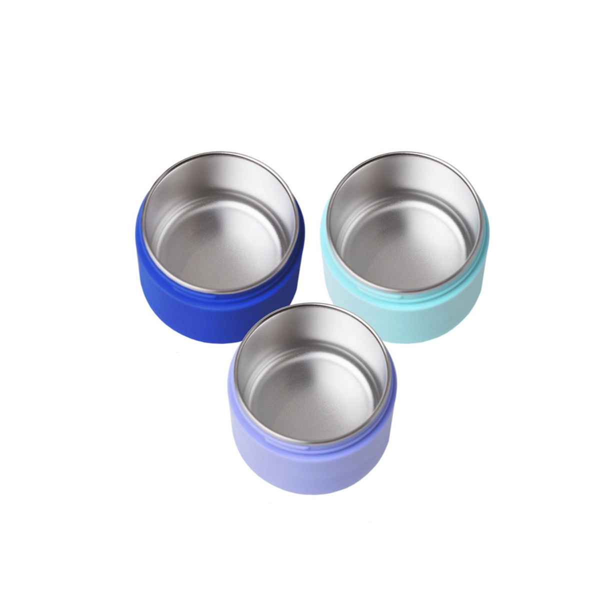 Three small round stainless steel bowls with different colored outer rims, shown on a plain white background.