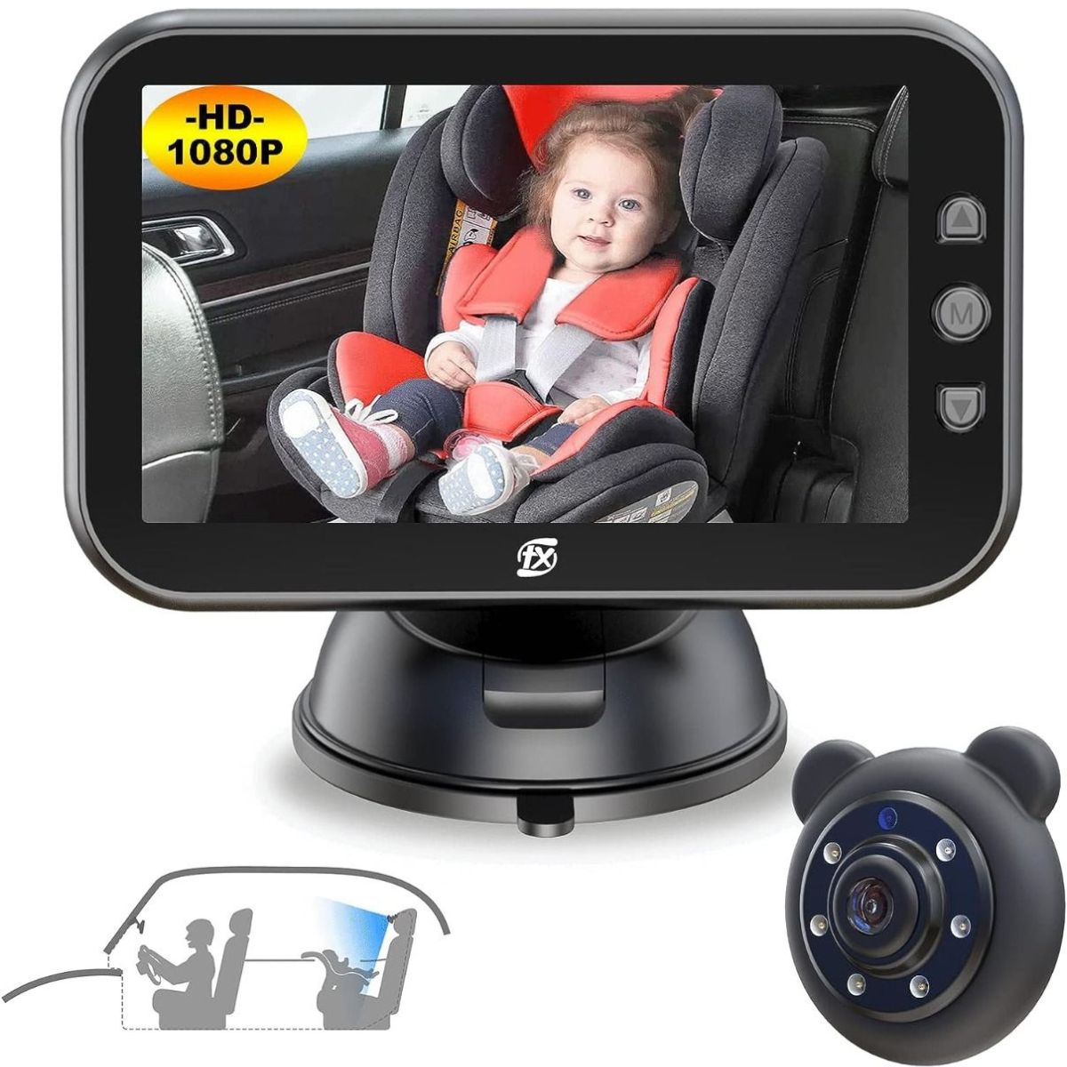 Baby monitor with screen displaying a child in a car seat, camera on the side.