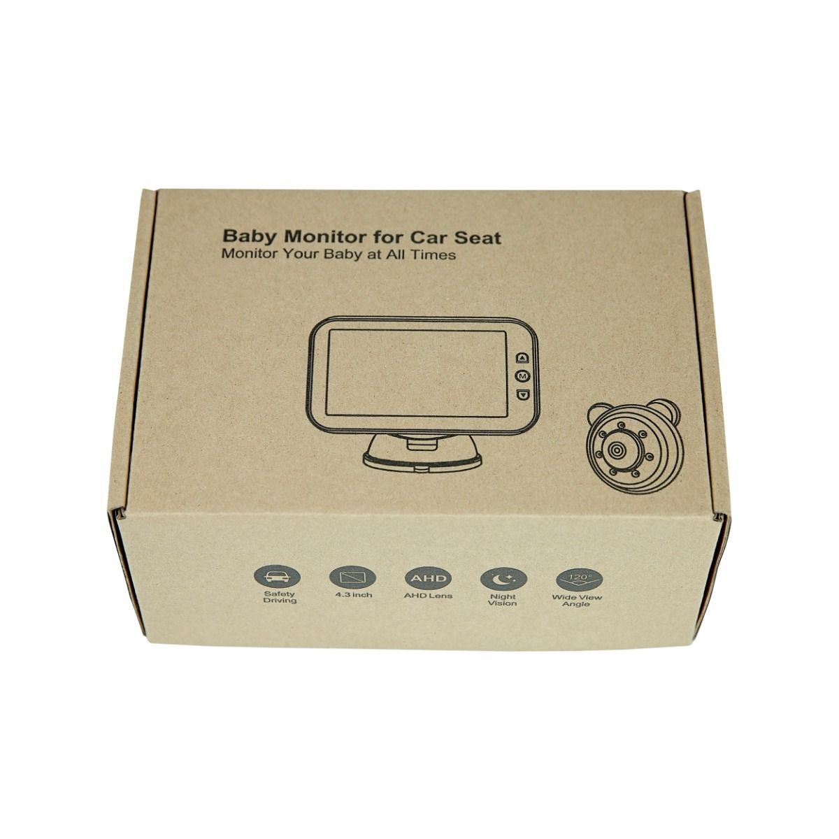 Cardboard box packaging for a baby monitor with illustrations and text on a white background
