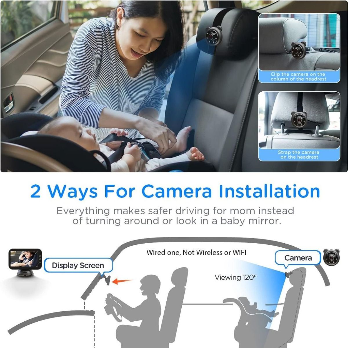 Woman installing a car camera system for safer driving with a baby in the back seat.