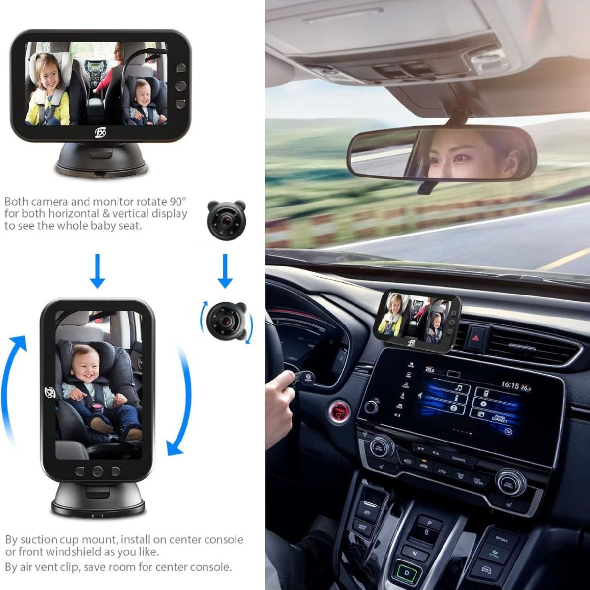 Car monitor system with multiple views inside a vehicle, showing a baby in a car seat.