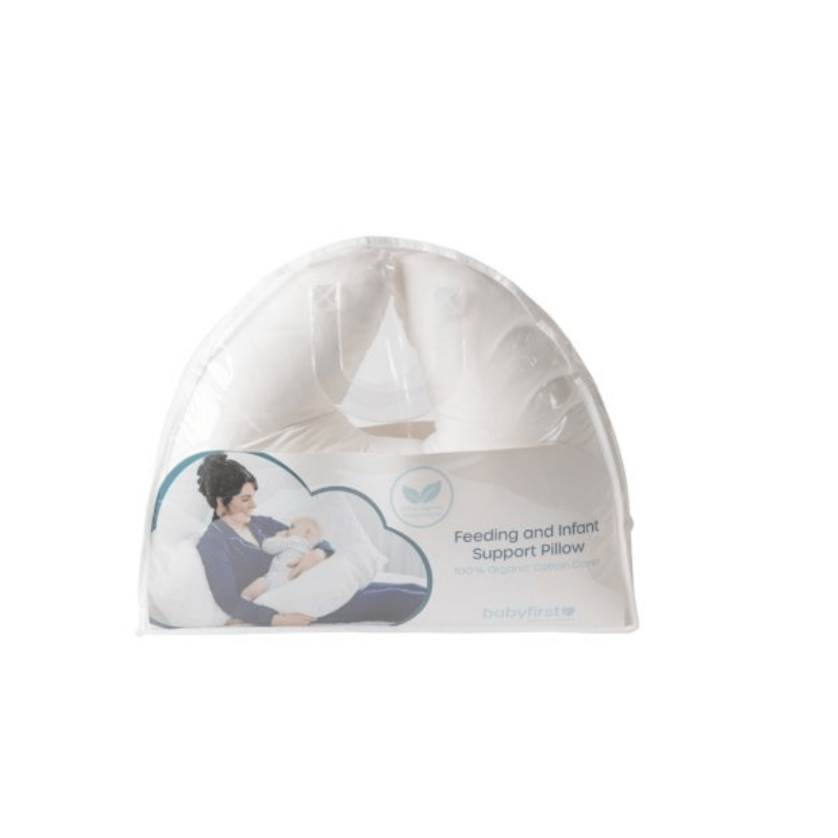 Feeding and infant support pillow packaging on a white background