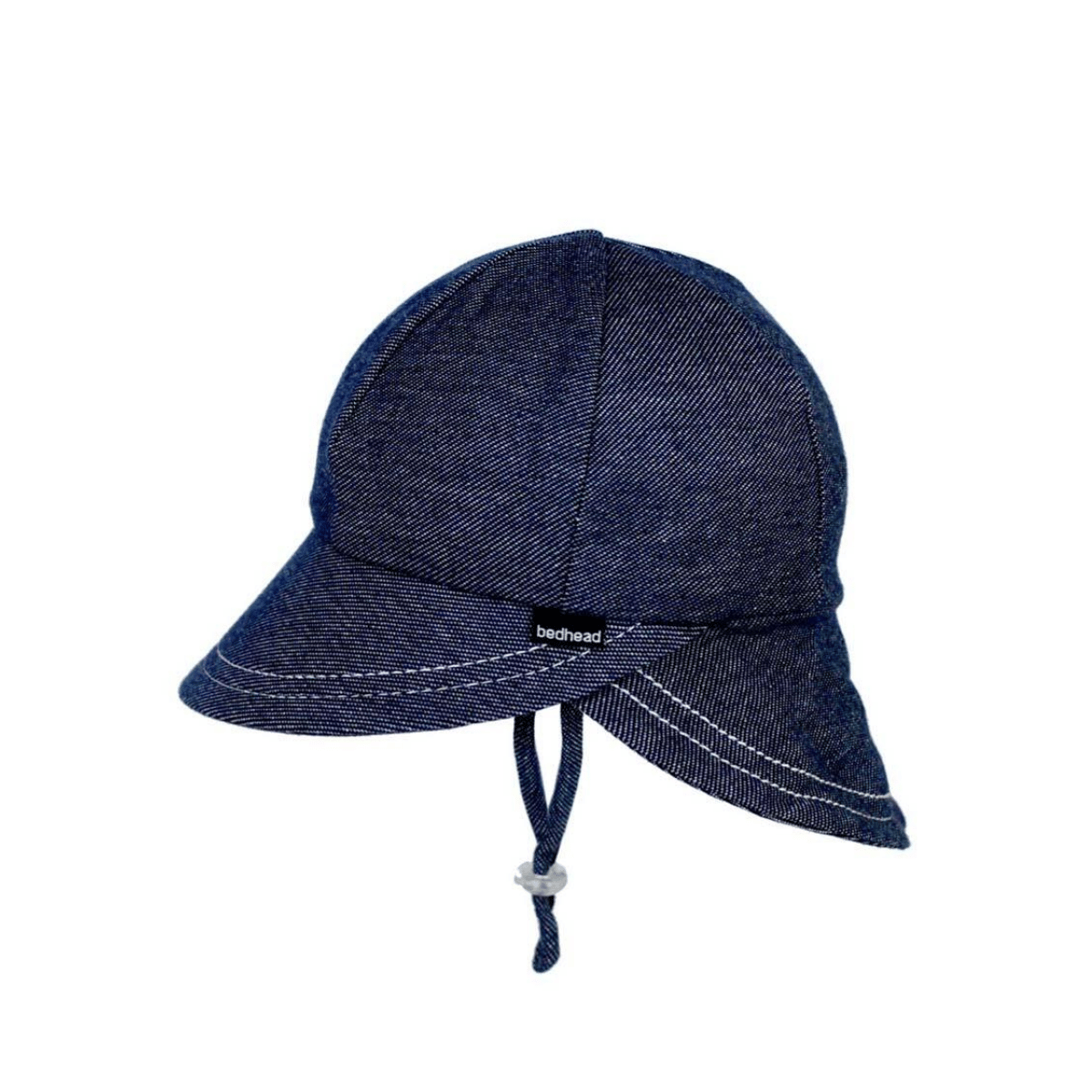 A dark blue denim sun hat with a wide brim, white contrast stitching, and a chin cord, shown against a plain white background.