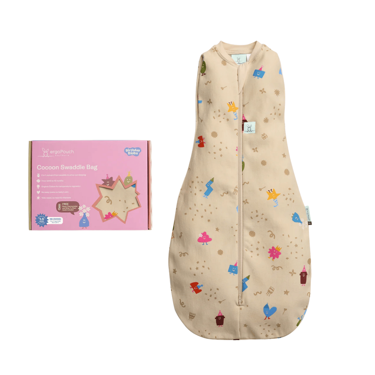Baby sleeping bag with colorful patterns and packaging on a white background