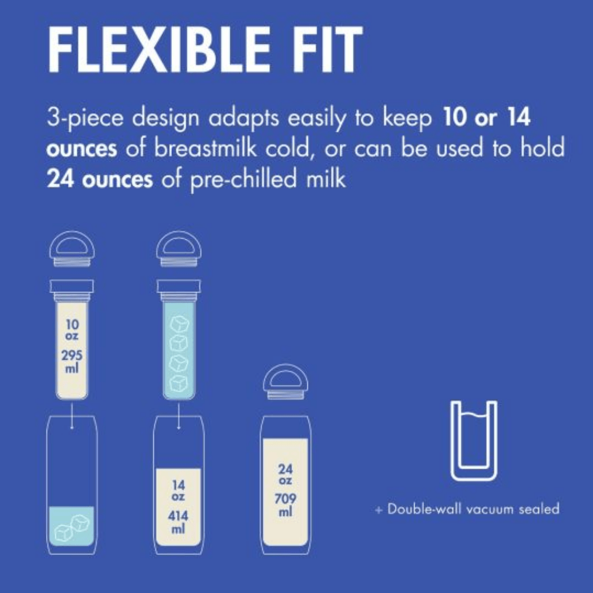 Boon - FROSH™ Stainless Steel Portable Milk Chiller  flexible fit showing how much milk it can store. 